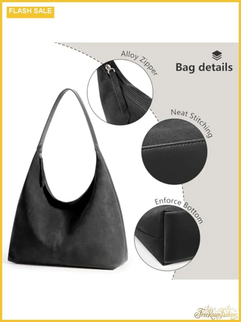 Slouchy Tote Bag 18L Casual Vegan Leather Crescent Hobo Zipper Bag